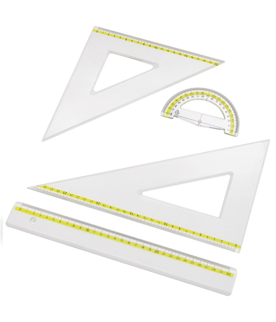 Set Scuola Disegno Con Righello Riga + Goniometro 180° + Squadrette 45° 60°         