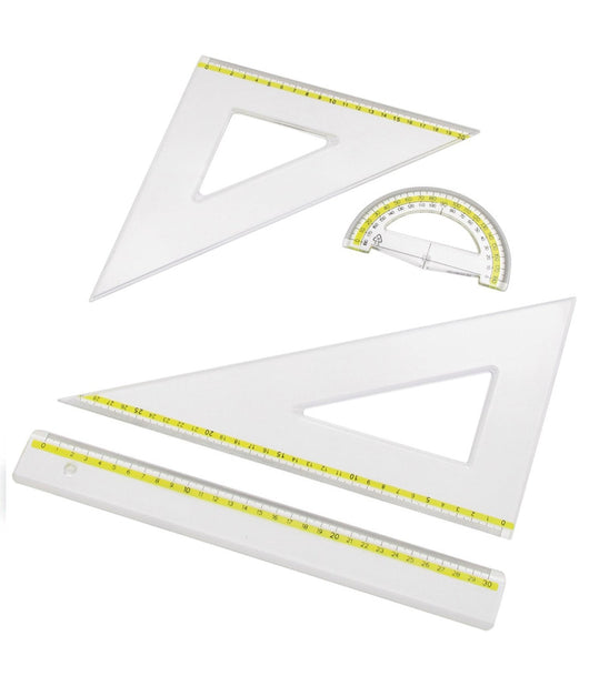 Set Scuola Disegno Con Righello Riga + Goniometro 180° + Squadrette 45° 60°         