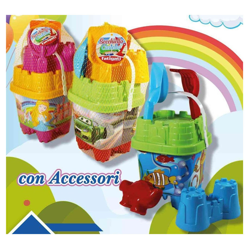 Trade Shop - Set Secchiello Da Spiaggia Varie Grafiche Assortite Con Accessori Mare Quadrato 406692 -