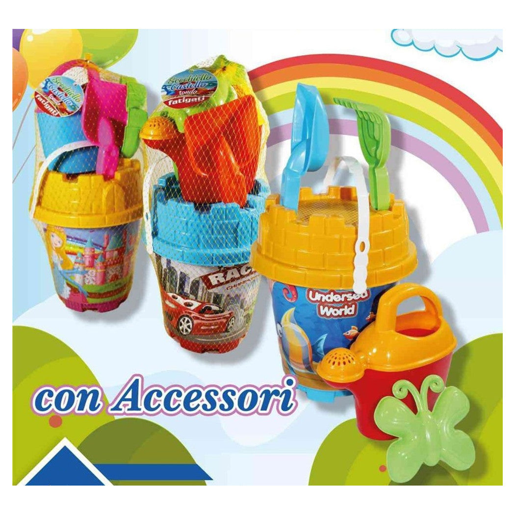 Trade Shop - Set Secchiello Da Spiaggia Varie Grafiche Assortite Con Accessori Mare Tondo 406678 -