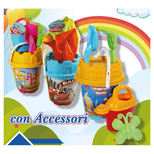 Trade Shop - Set Secchiello Da Spiaggia Varie Grafiche Assortite Con Accessori Mare Tondo 406678 -