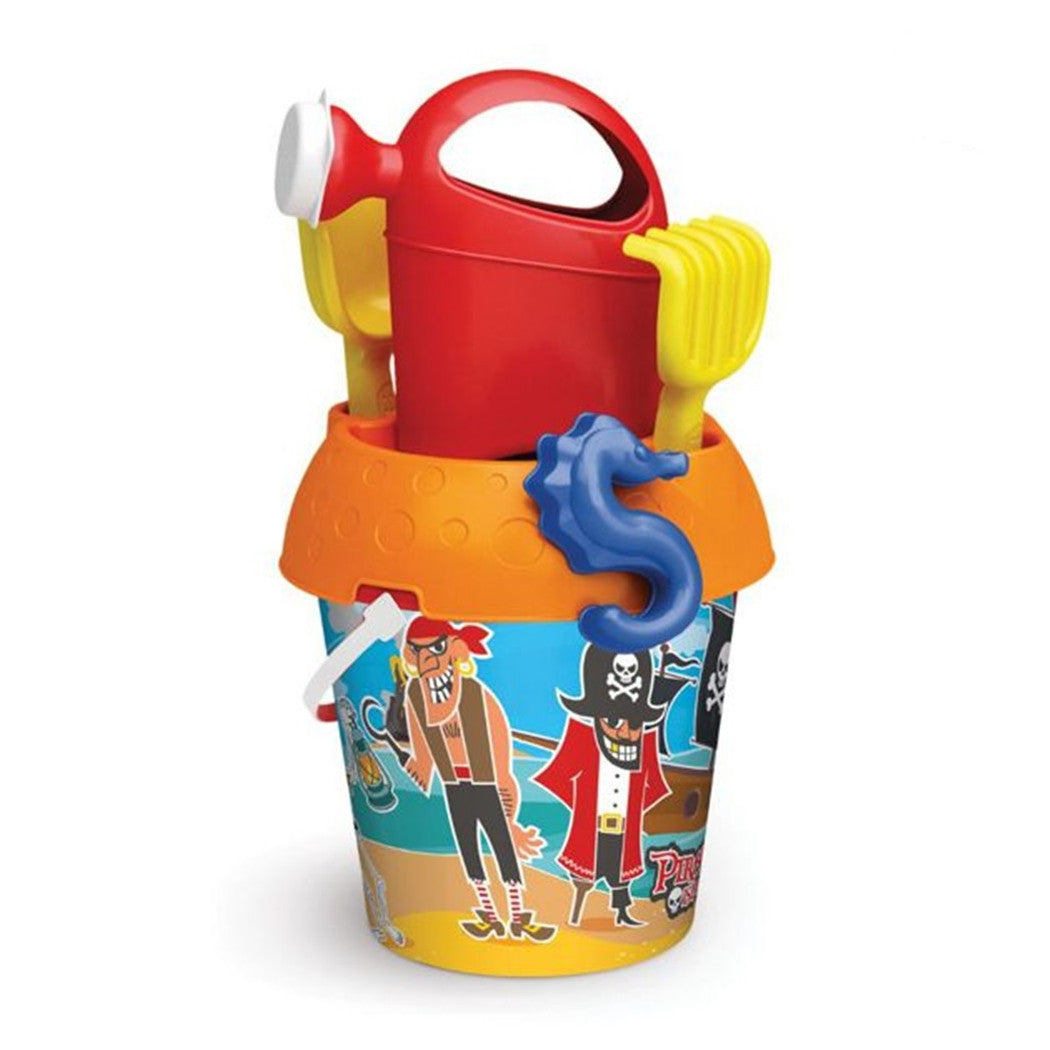 Trade Shop - Set Secchiello Mare Spiaggia 18cm Pirati Con Innaffiatoio Paletta Rastrello Formina 901309 -