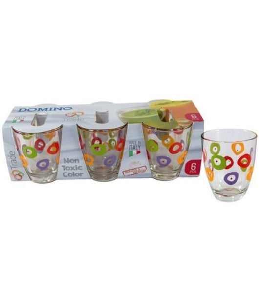 Set Servizio 6 Bicchieri In Vetro Decorati Con Cerchi 250ml Stile Retrò Anni 60         