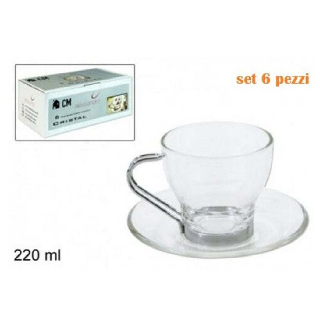 Trade Shop - Set Servizio 6 Tazze Tazzine Caffè In Vetro Trasparente Con Piattino 220ml -