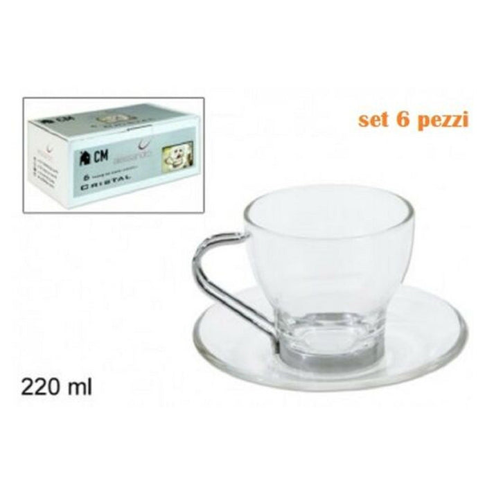 Trade Shop - Set Servizio 6 Tazze Tazzine Caffè In Vetro Trasparente Con Piattino 220ml -