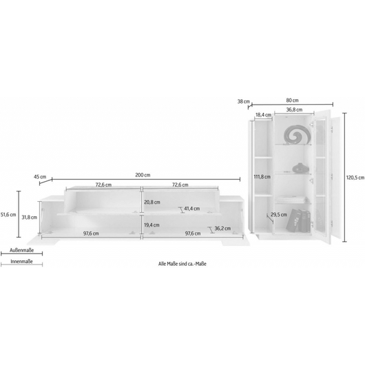 Set Soggiorno Coro 200 – Mobile + Vetrina – Bianco e Cemento