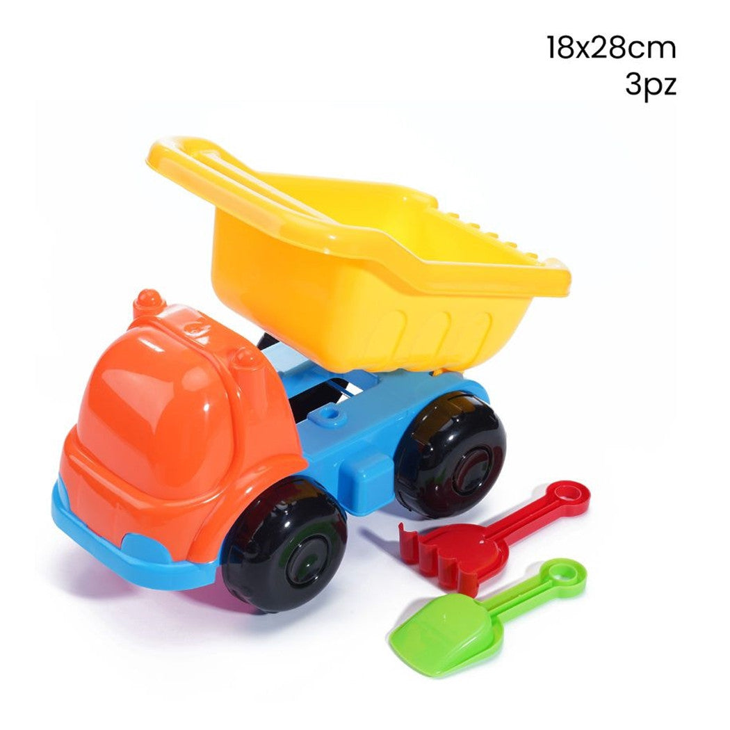 Trade Shop - Set Spiaggia 3pz Camion Ribaltabile Con Paletta Rastrello Giochi Bambini 18x28cm 258265 -