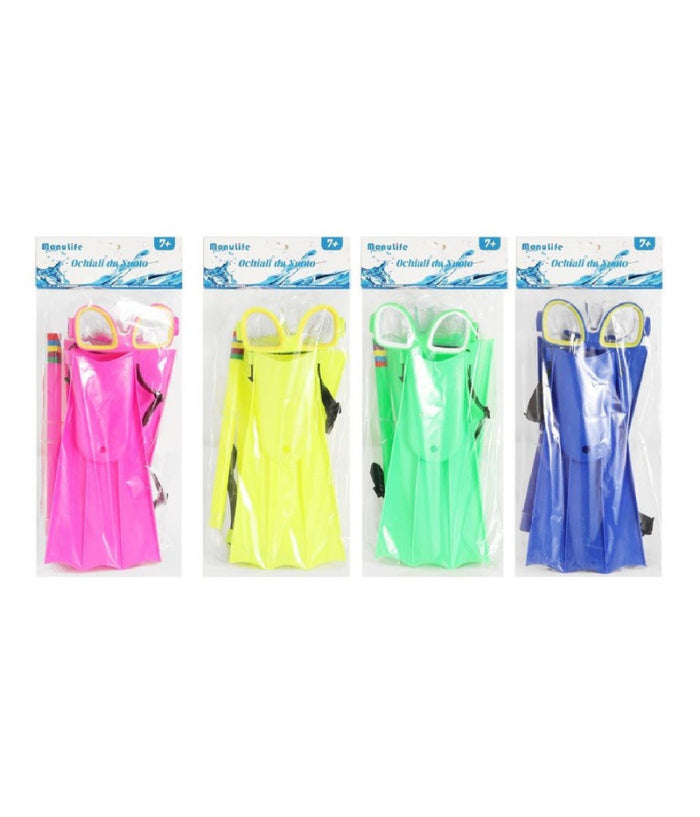 Trade Shop - Set Sub Maschera 16x10cm Boccaglio Pinne 28cm Colorato Nuoto Mare Estate 605417 -