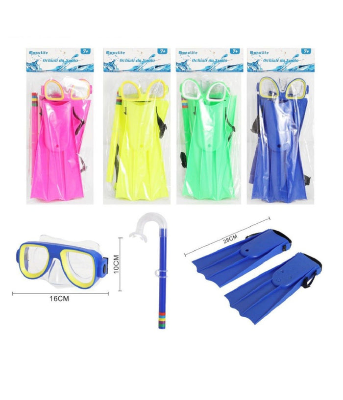 Trade Shop - Set Sub Maschera 16x10cm Boccaglio Pinne 28cm Colorato Nuoto Mare Estate 605417 -