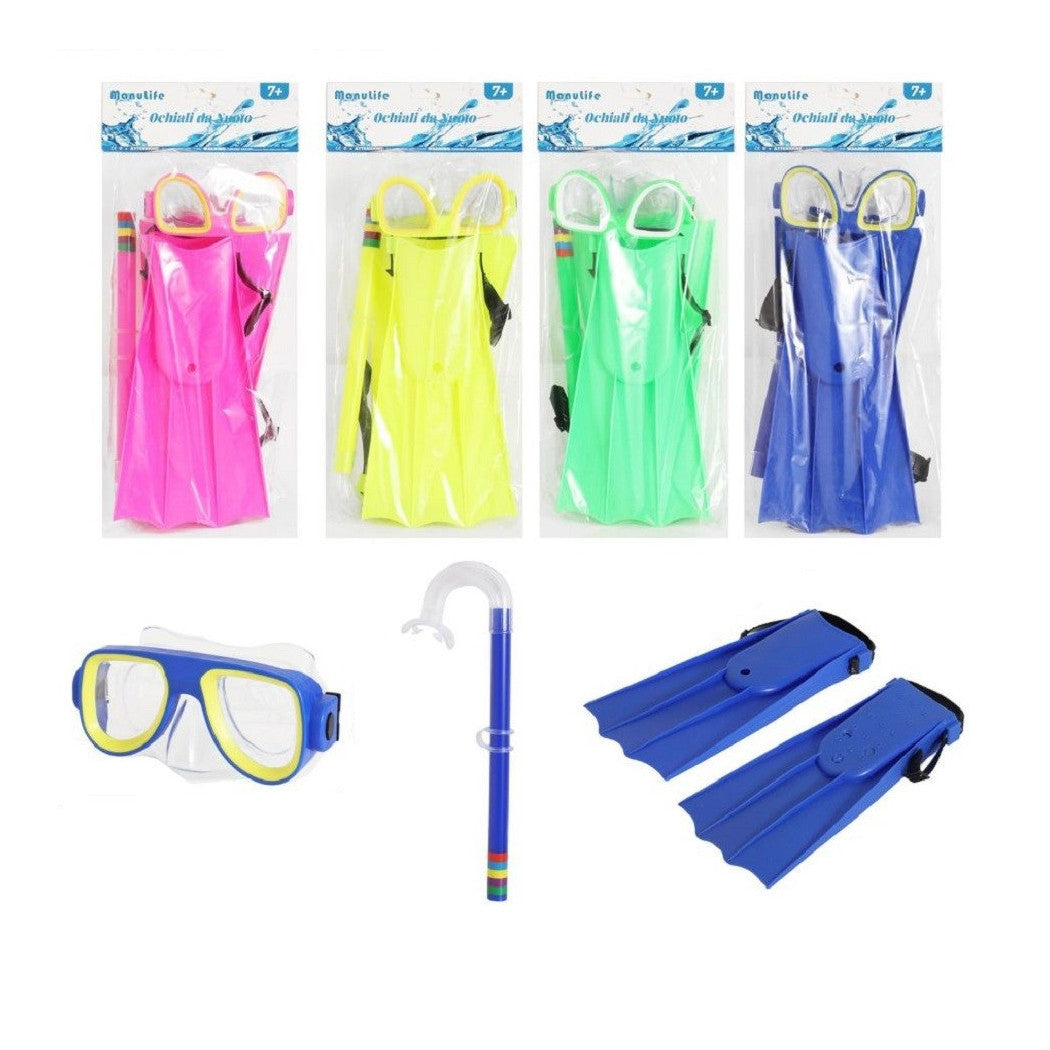 Trade Shop - Set Sub Maschera 16x10cm Boccaglio Pinne 28cm Colorato Nuoto Mare Estate 605417 -
