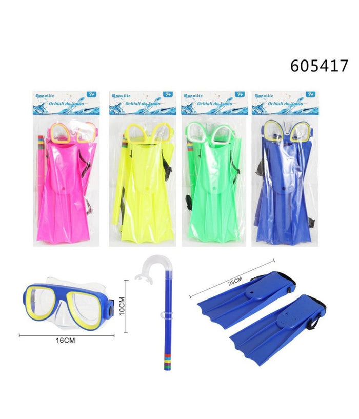 Trade Shop - Set Sub Maschera 16x10cm Boccaglio Pinne 28cm Colorato Nuoto Mare Estate 605417 -