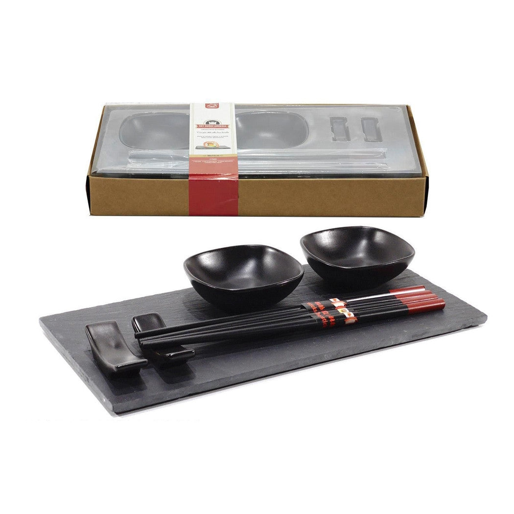 Trade Shop - Set Sushi Composto Da 4 Bacchette E 2 Piatti Per Salse Con Vassoio In Ardesia -
