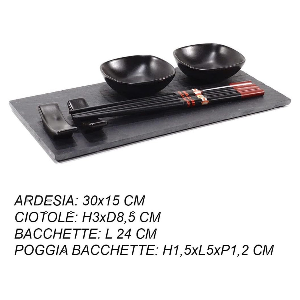 Trade Shop - Set Sushi Composto Da 4 Bacchette E 2 Piatti Per Salse Con Vassoio In Ardesia -