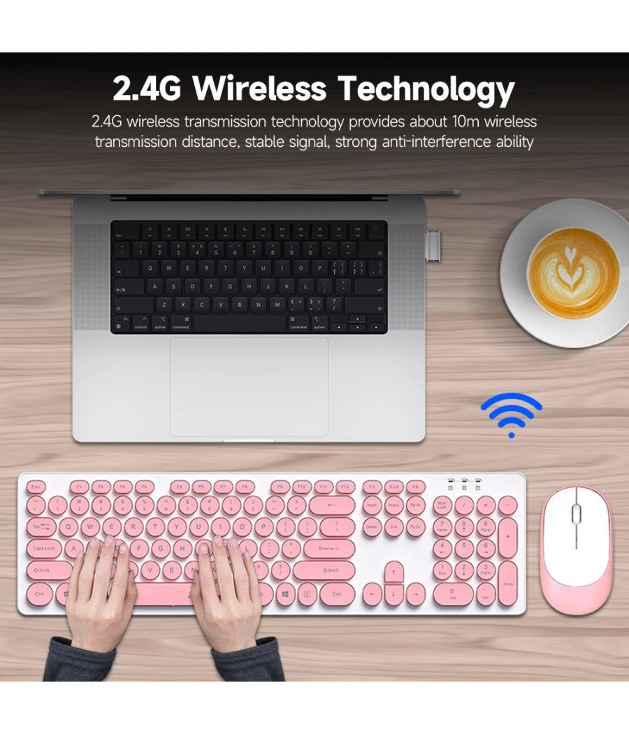 Set Tastiera Mouse Senza Fili 2.4g Combo Retro Keycap Rotondo Pc Laptop Tf770         