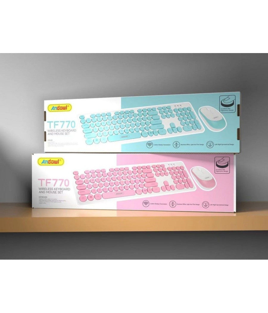 Set Tastiera Mouse Senza Fili 2.4g Combo Retro Keycap Rotondo Pc Laptop Tf770         
