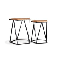 Set 2 tavolini Design Geometrico da Caffe' sovrapponibili legno cedro ferro battuto salotto industrial moderno