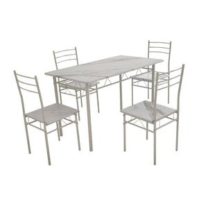 Set Tavolo E 4 Sedie Bergen Mdf Bianco Marmorizzato E Struttura Bianca