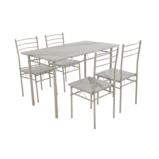 Set Tavolo E 4 Sedie Bergen Mdf Bianco Marmorizzato E Struttura Bianca