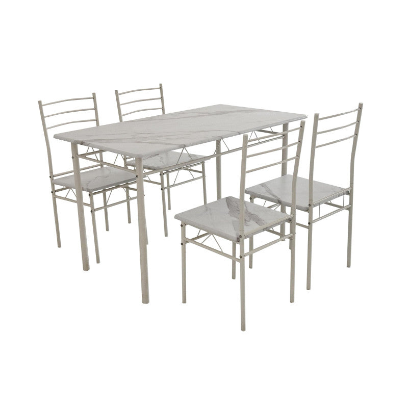 Set Tavolo E 4 Sedie Bergen Mdf Bianco Marmorizzato E Struttura Bianca
