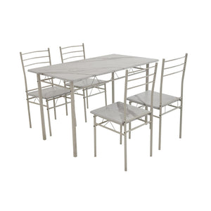 Set Tavolo E 4 Sedie Bergen Mdf Bianco Marmorizzato E Struttura Bianca