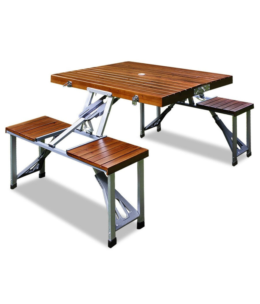 Set Tavolo Tavolino Pieghevole Pic Nic Campeggio Alluminio Con 4 Sgabelli Legno         