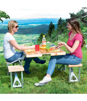 Set Tavolo Tavolino Pieghevole Pic Nic Campeggio Alluminio Con 4 Sgabelli Legno         