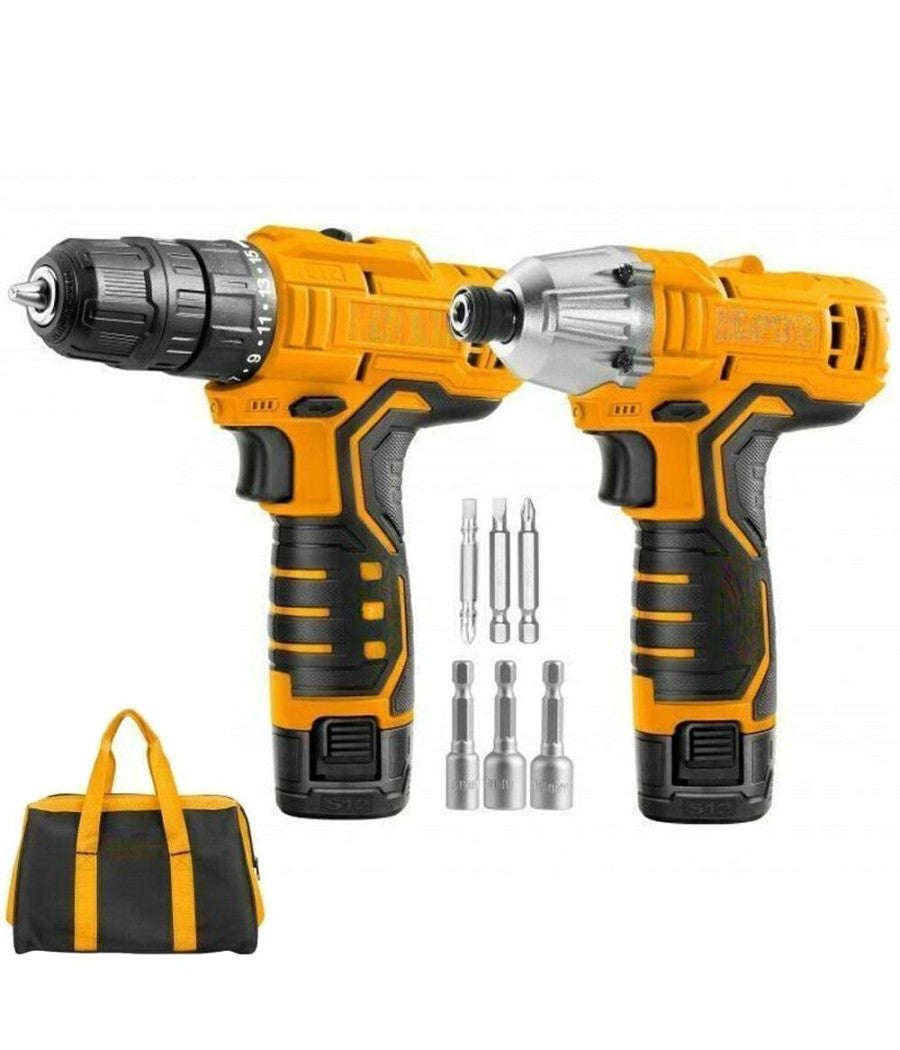 Set Trapano Avvitatore + Avvitatore Ad Impulsi 2 Batterie 12v Borsa E Accessori         