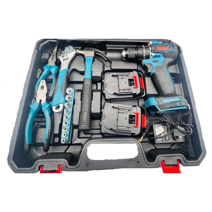 Trade Shop - Set Trapano Elettrico Avvitatore A Batteria 2 Velocità Punte Borsa Attrezzi 2 Batterie         