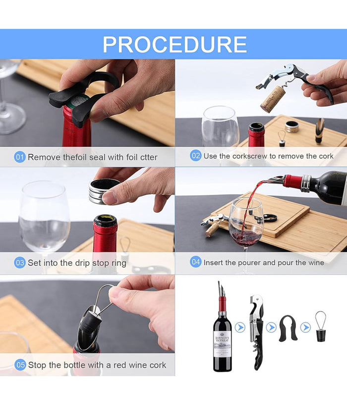 Set Vino 5in1 Cavatappi Apribottiglie Multifunzione Anello Antigoccia Tappo Versatore         