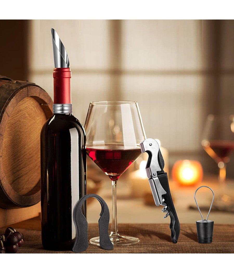 Set Vino 5in1 Cavatappi Apribottiglie Multifunzione Anello Antigoccia Tappo Versatore         