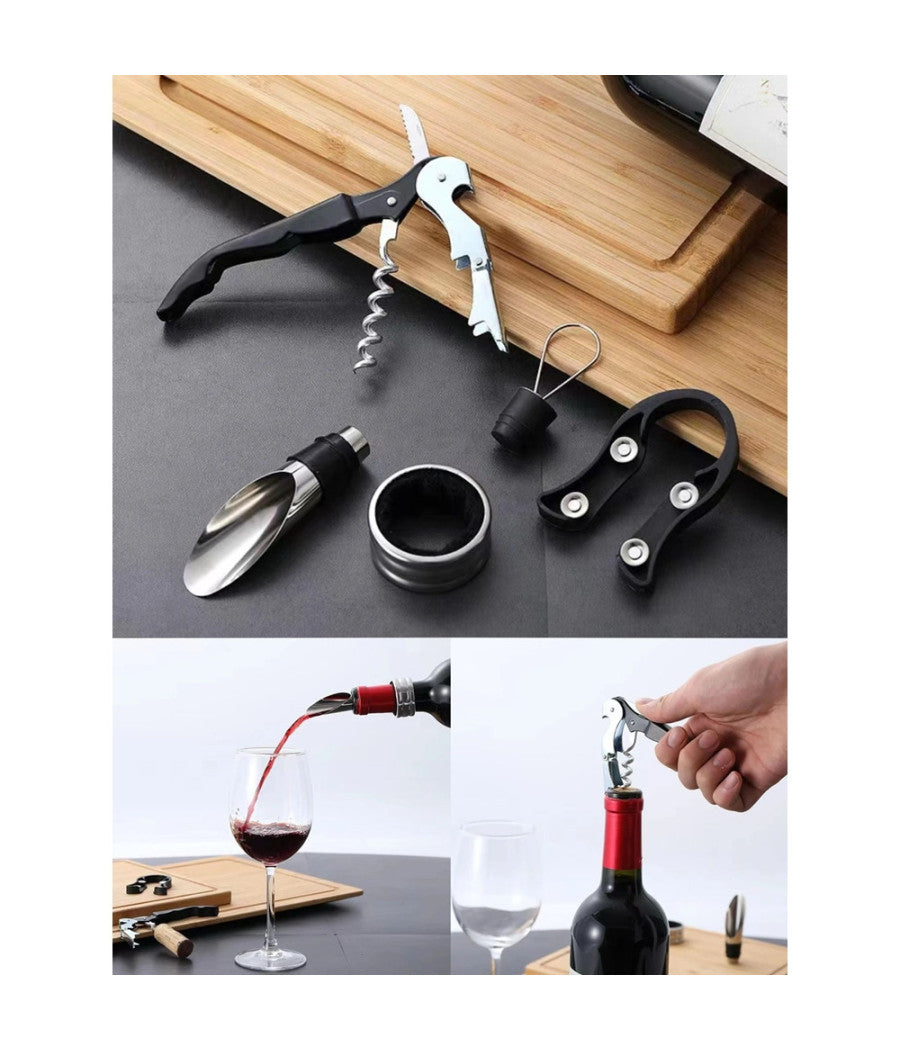 Set Vino 5in1 Cavatappi Apribottiglie Multifunzione Anello Antigoccia Tappo Versatore         