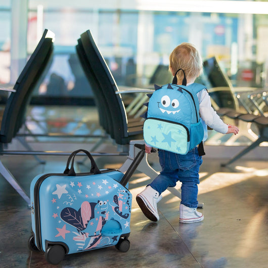 Set 2 bagagli per bambini con ruote girevoli, Valigia rigida da 47x23cm e zaino con laccio da viaggio in aereo Blu-Bagagli e borse