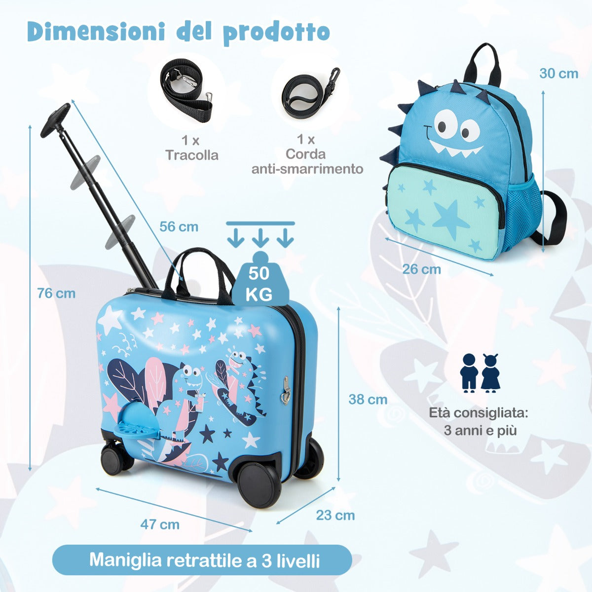 Set 2 bagagli per bambini con ruote girevoli, Valigia rigida da 47x23cm e zaino con laccio da viaggio in aereo Blu-Bagagli e borse