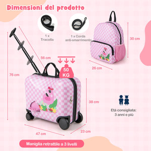Set 2 bagagli per bambini con ruote girevoli, Valigia rigida da 47x23cm e zaino con laccio da viaggio in aereo Rosa-Bagagli e borse