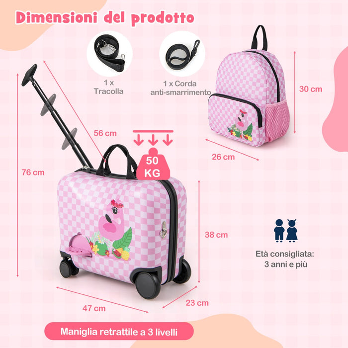Set 2 bagagli per bambini con ruote girevoli, Valigia rigida da 47x23cm e zaino con laccio da viaggio in aereo Rosa-Bagagli e borse