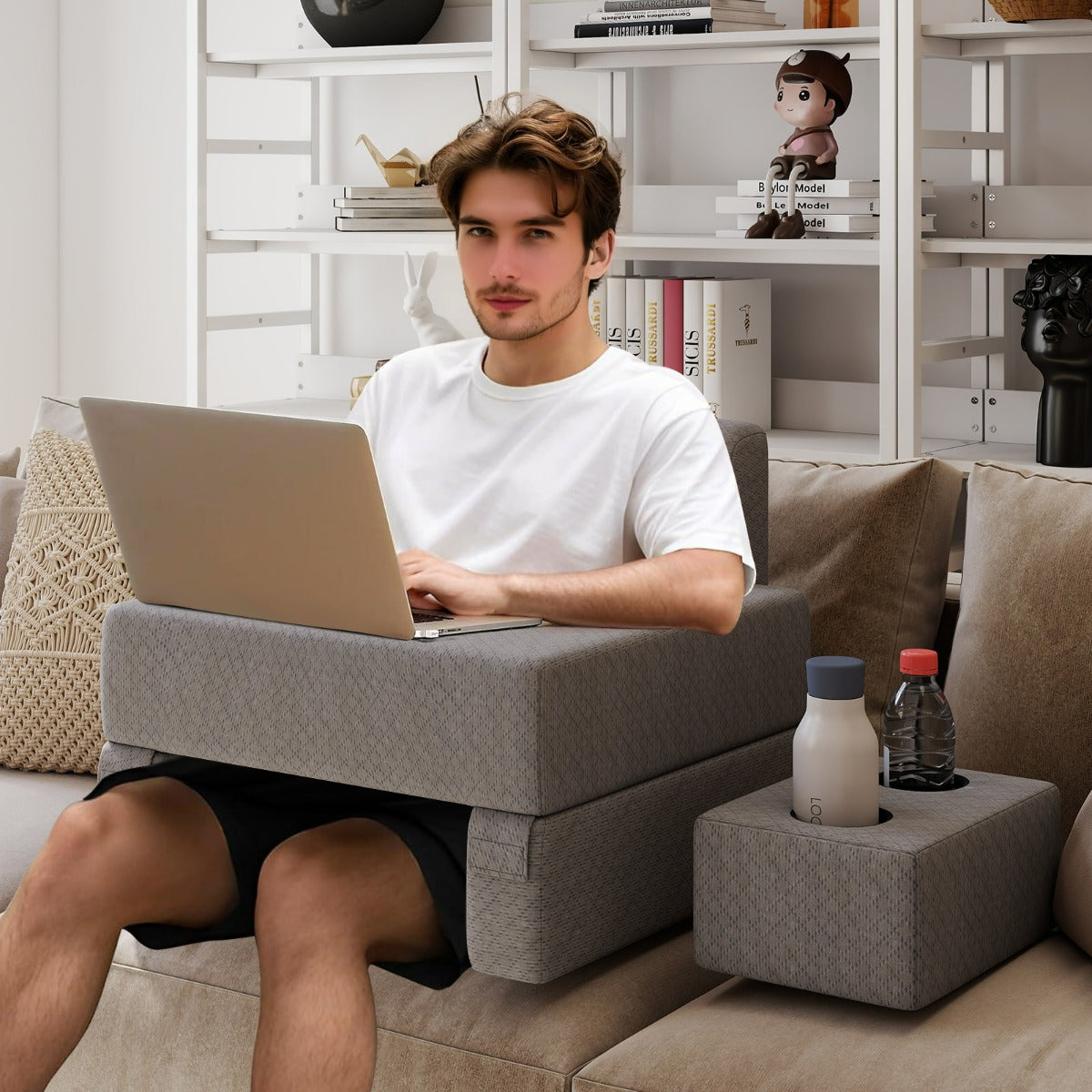 Cuscino a cuneo ergonomico con appoggio per braccia per letto e divano, Set 3 cuscini da lettura con portabicchieri Grigio-Arredo letto