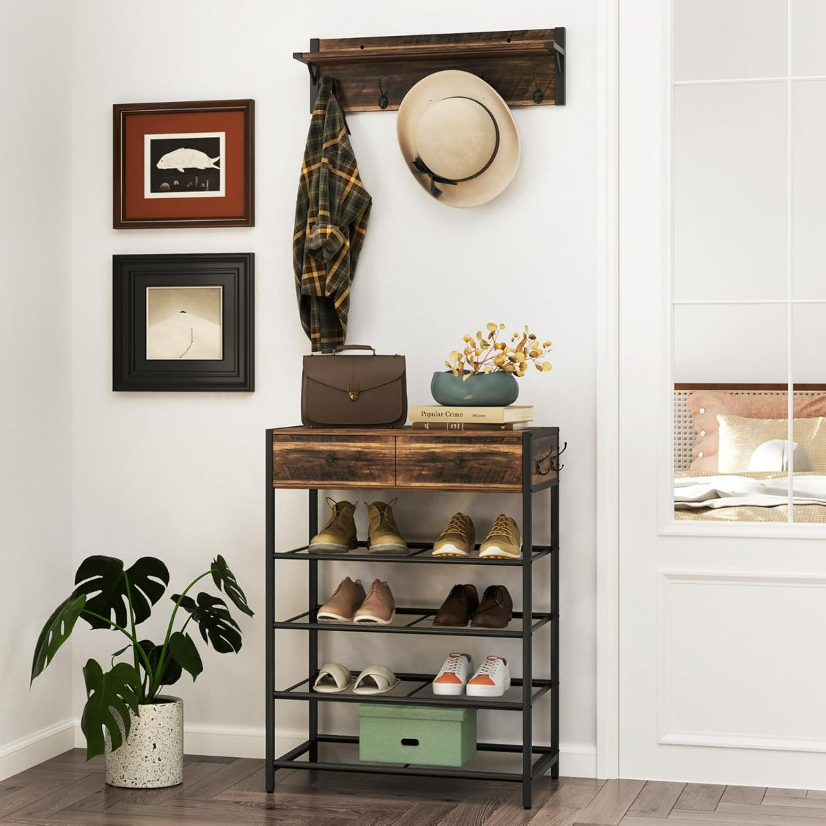 Set appendiabiti con scarpiera a 5 ripiani con appendiabiti da muro-Mobili per camera da letto Marrone