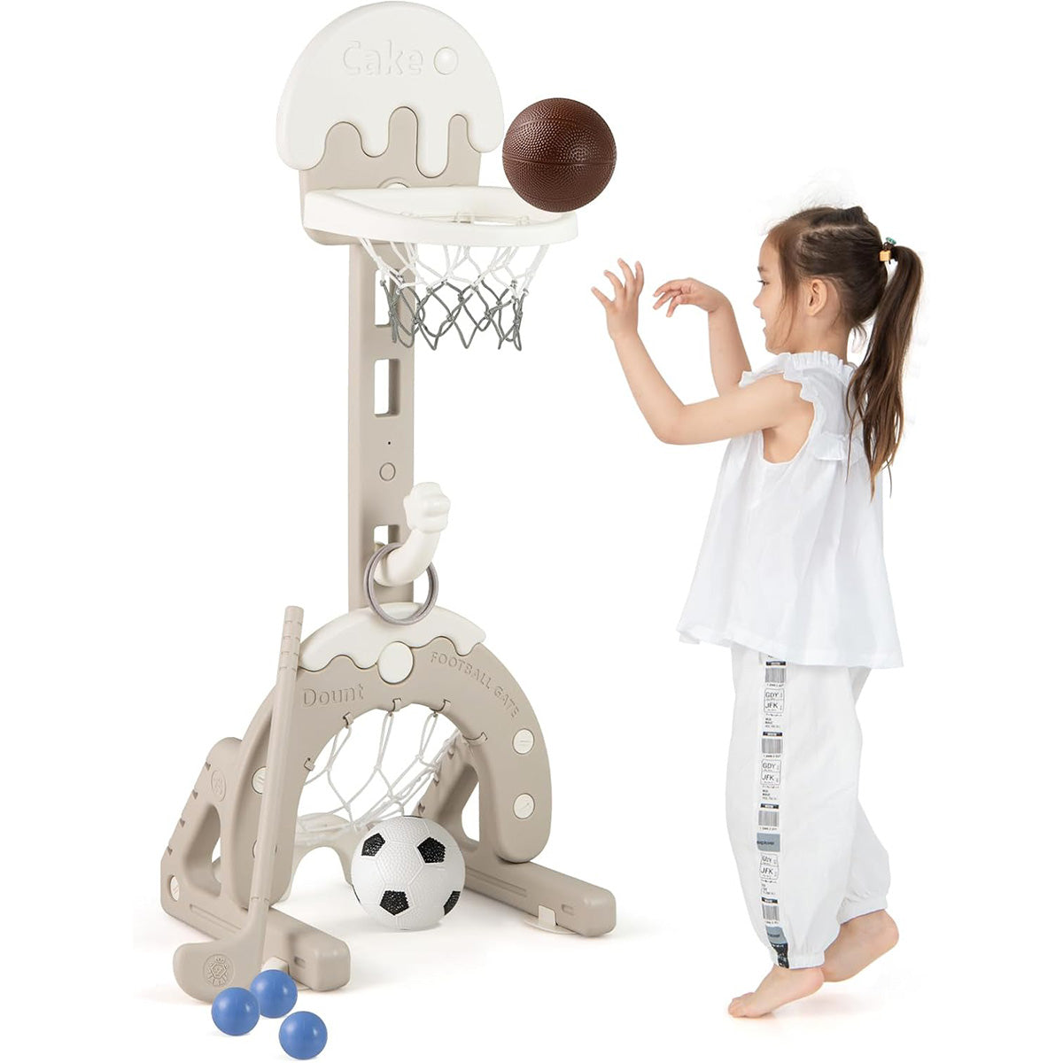 Set canestro 4 in 1 per bambini con porta da calcio e golf-Gioco d'attivit¨¤ con lancio anelli e altezza regolabile