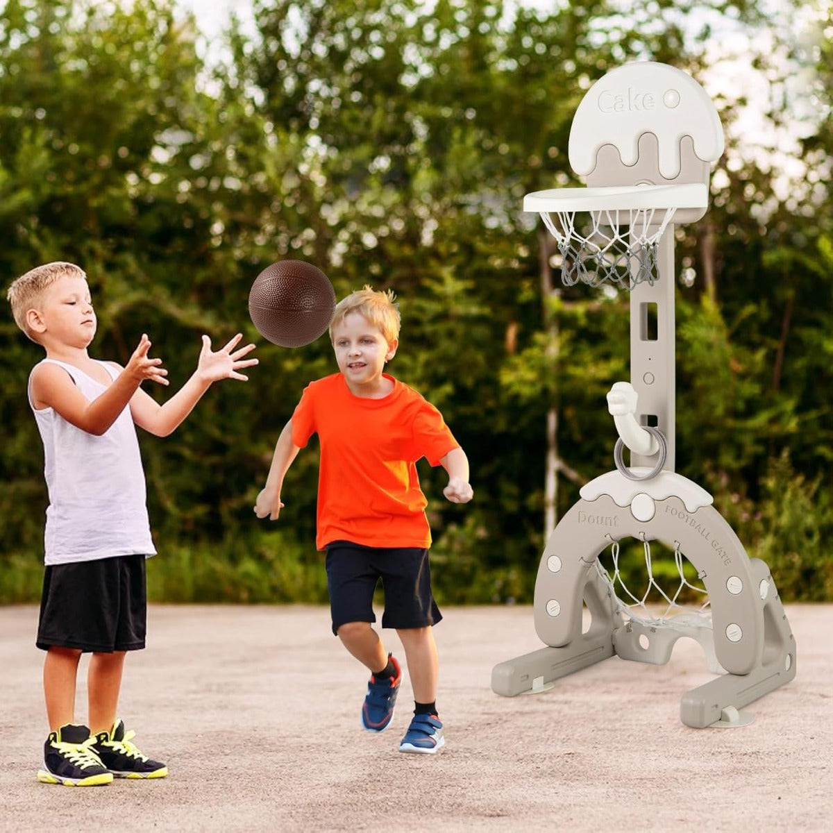 Set canestro 4 in 1 per bambini con porta da calcio e golf-Gioco d'attivit¨¤ con lancio anelli e altezza regolabile