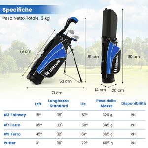 Set completo di mazze da golf per bambini destrimani, Set da golf per bambini di 11-13 anni Blu-Golf