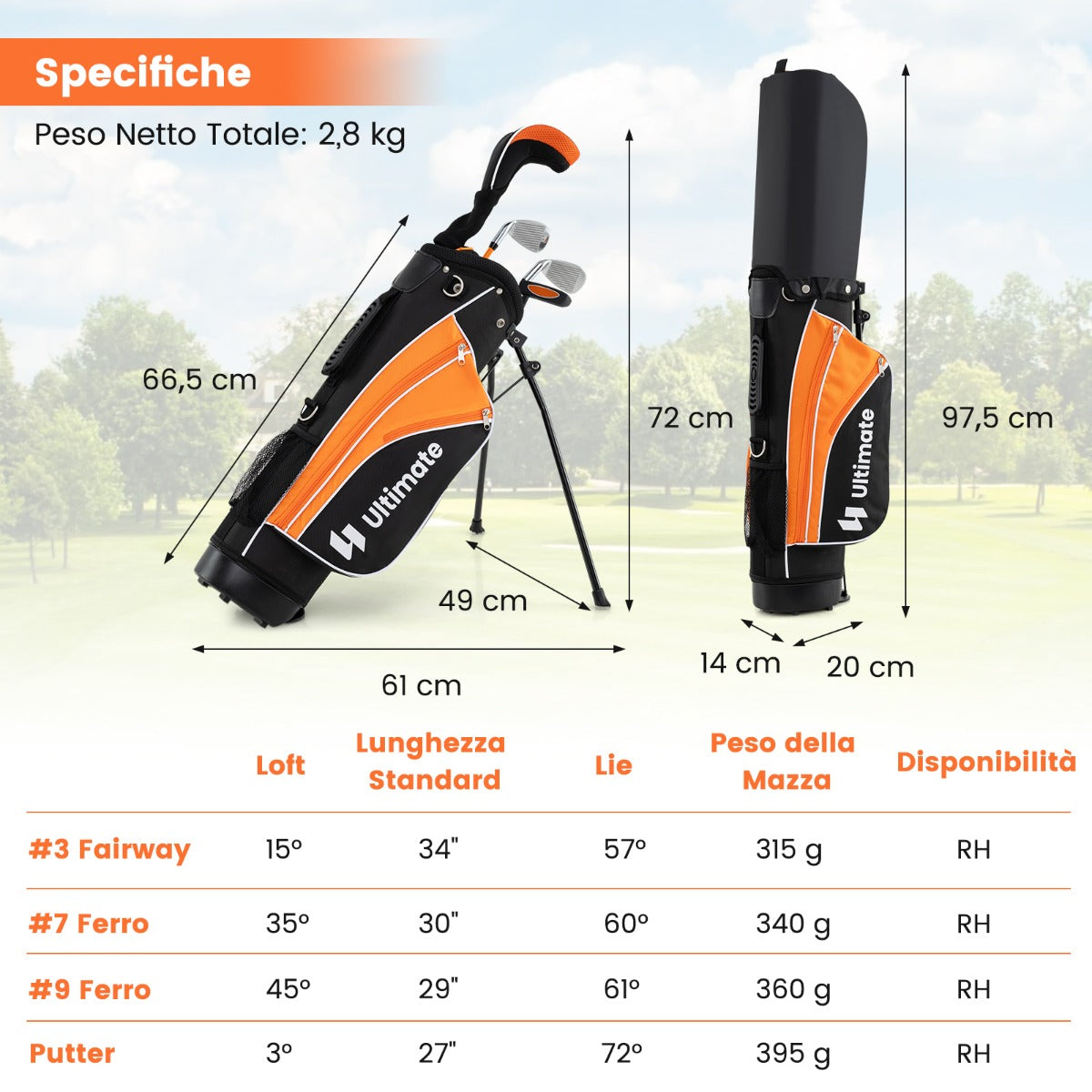 Set completo di mazze da golf per bambini destrimani, Set da golf per bambini da 8 a 10 anni Arancione-Golf