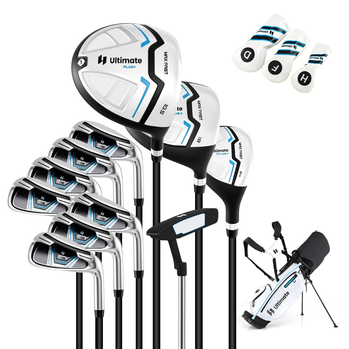 Set completo di mazze da golf da uomo con sacca a treppiede, Include driver #1 da 460CC e putter e copriteste Bianco-Golf