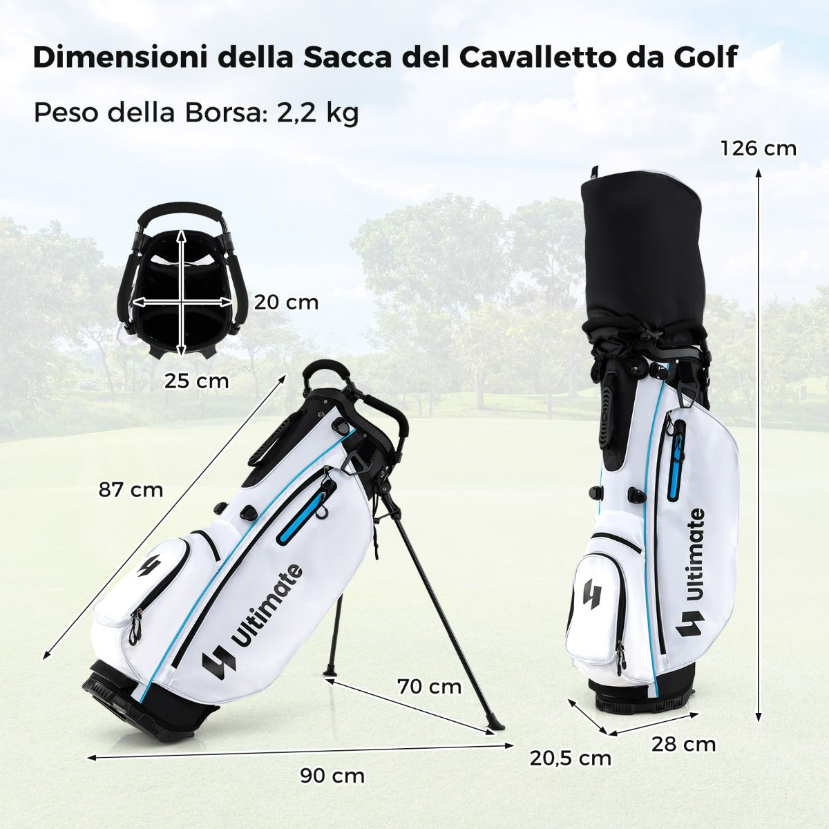 Set completo di mazze da golf da uomo con sacca a treppiede, Include driver #1 da 460CC e putter e copriteste Bianco-Golf