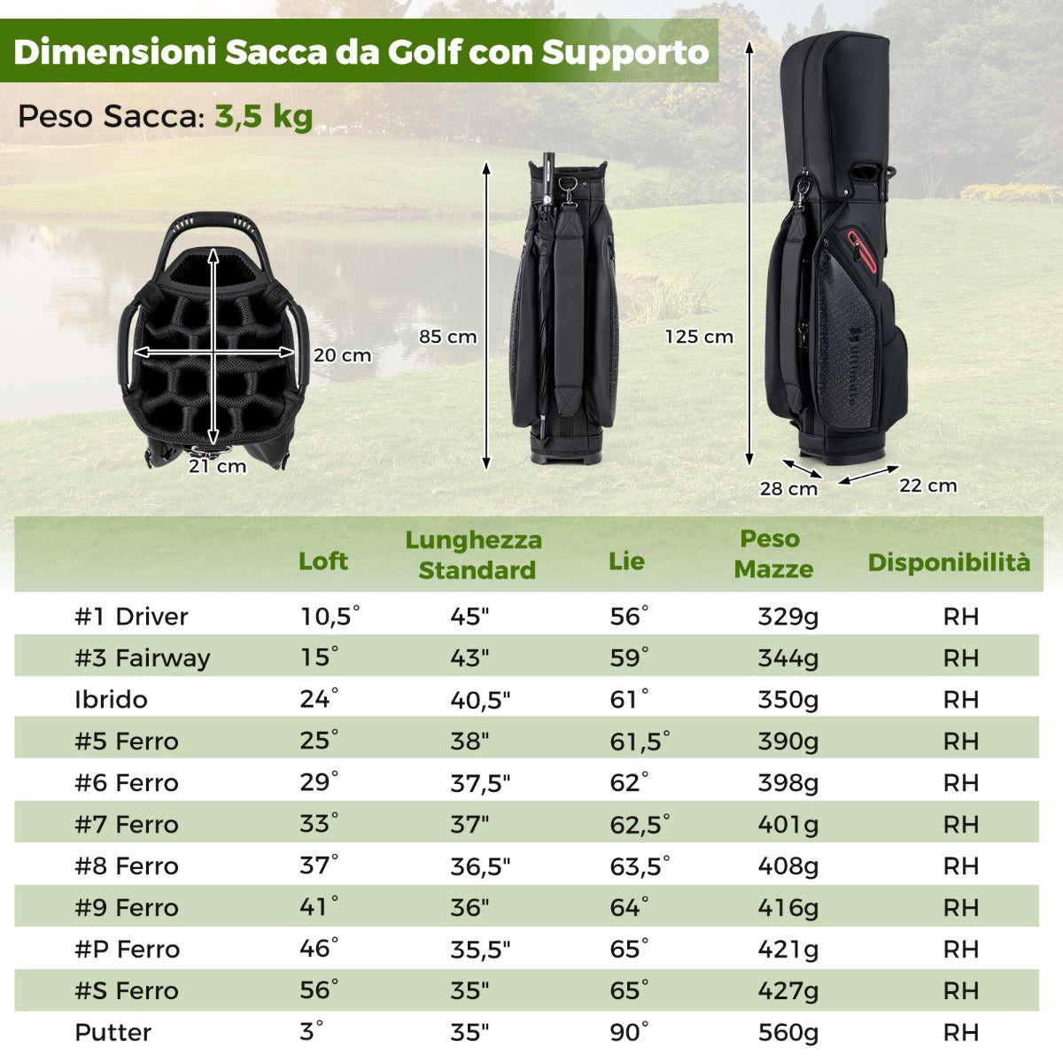 Set completo di mazze golf da uomo con borsa da golf portatile-Completo putter e copertura antipioggia