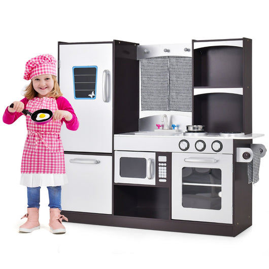 Set cucina in legno per bambini, Cucina gioco con frigorifero giocattolo lavagna forno fornelli a gas 97x30x95cm-Cucine giocattoli