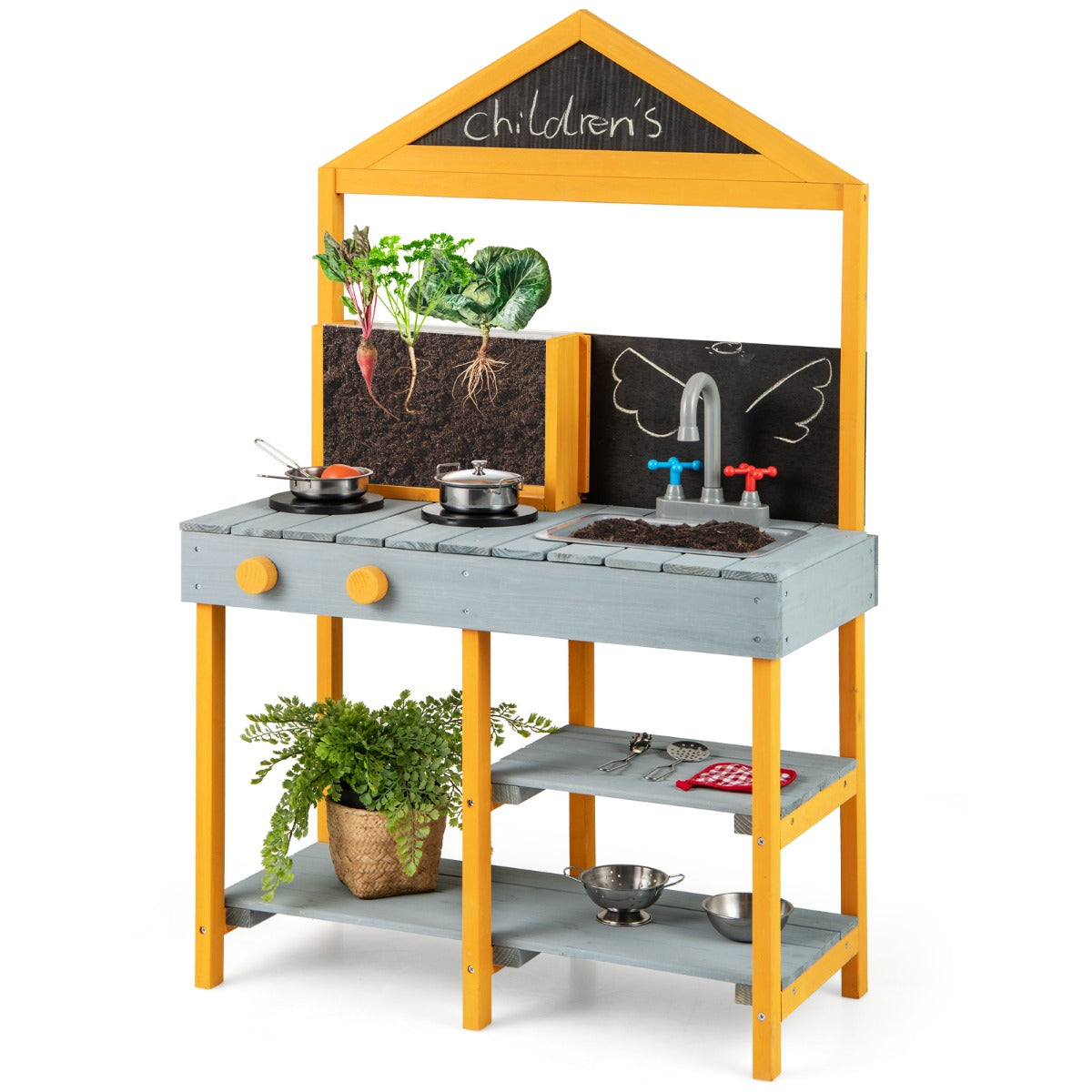 Set cucina da gioco per bambini in legno con 2 lavagnette, Cucina da giardino con rubinetto girevole e accessori per bambini 3 anni-Cucine giocattoli