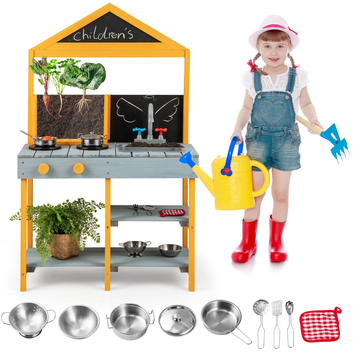 Set cucina da gioco per bambini in legno con 2 lavagnette, Cucina da giardino con rubinetto girevole e accessori per bambini 3 anni-Cucine giocattoli