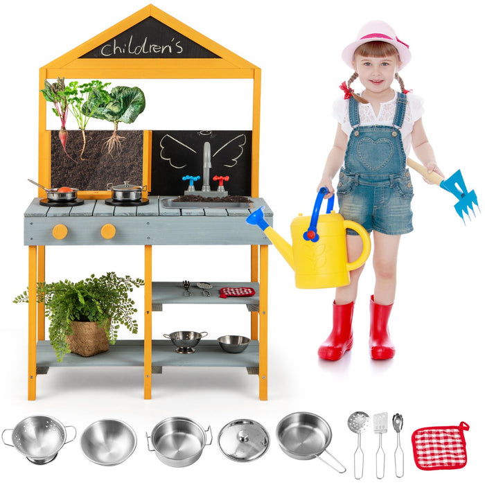 Set cucina da gioco per bambini in legno con 2 lavagnette, Cucina da giardino con rubinetto girevole e accessori per bambini 3 anni-Cucine giocattoli