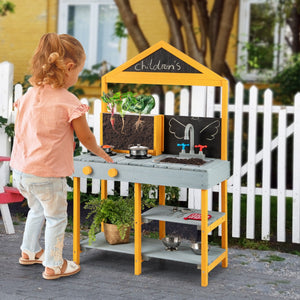 Set cucina da gioco per bambini in legno con 2 lavagnette, Cucina da giardino con rubinetto girevole e accessori per bambini 3 anni-Cucine giocattoli