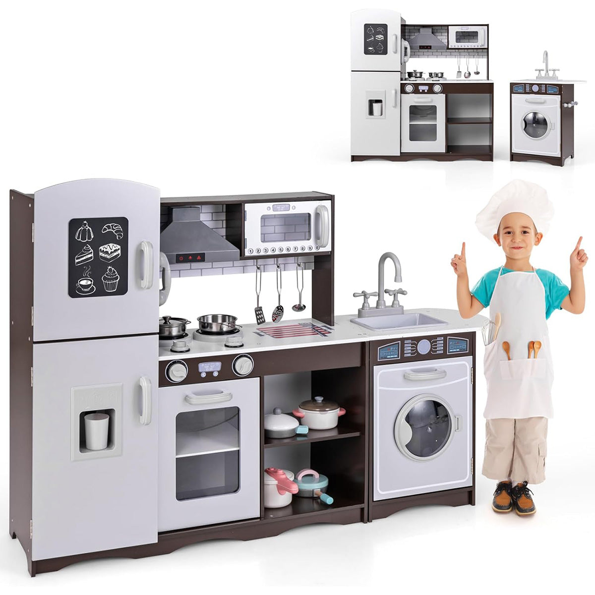 Set cucina giocattolo per bambini con luci e suoni-Lavandino e accessori per 3+ anni Marrone Scuro